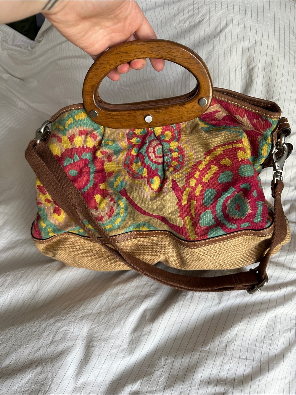 Vintage Fossil - Boho Floral Canvas Tote with Wooden Handles